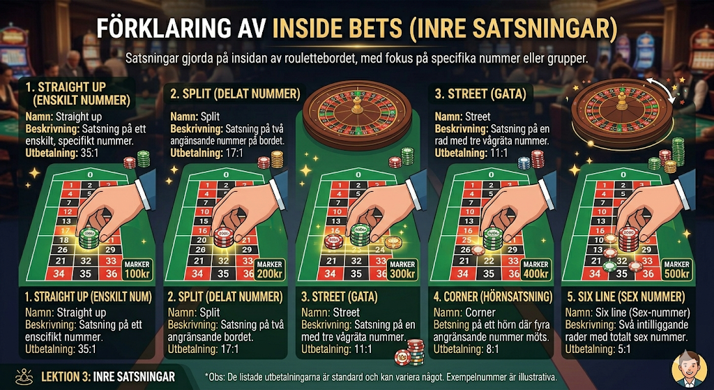 Inside bets i roulette – straight up, split, street