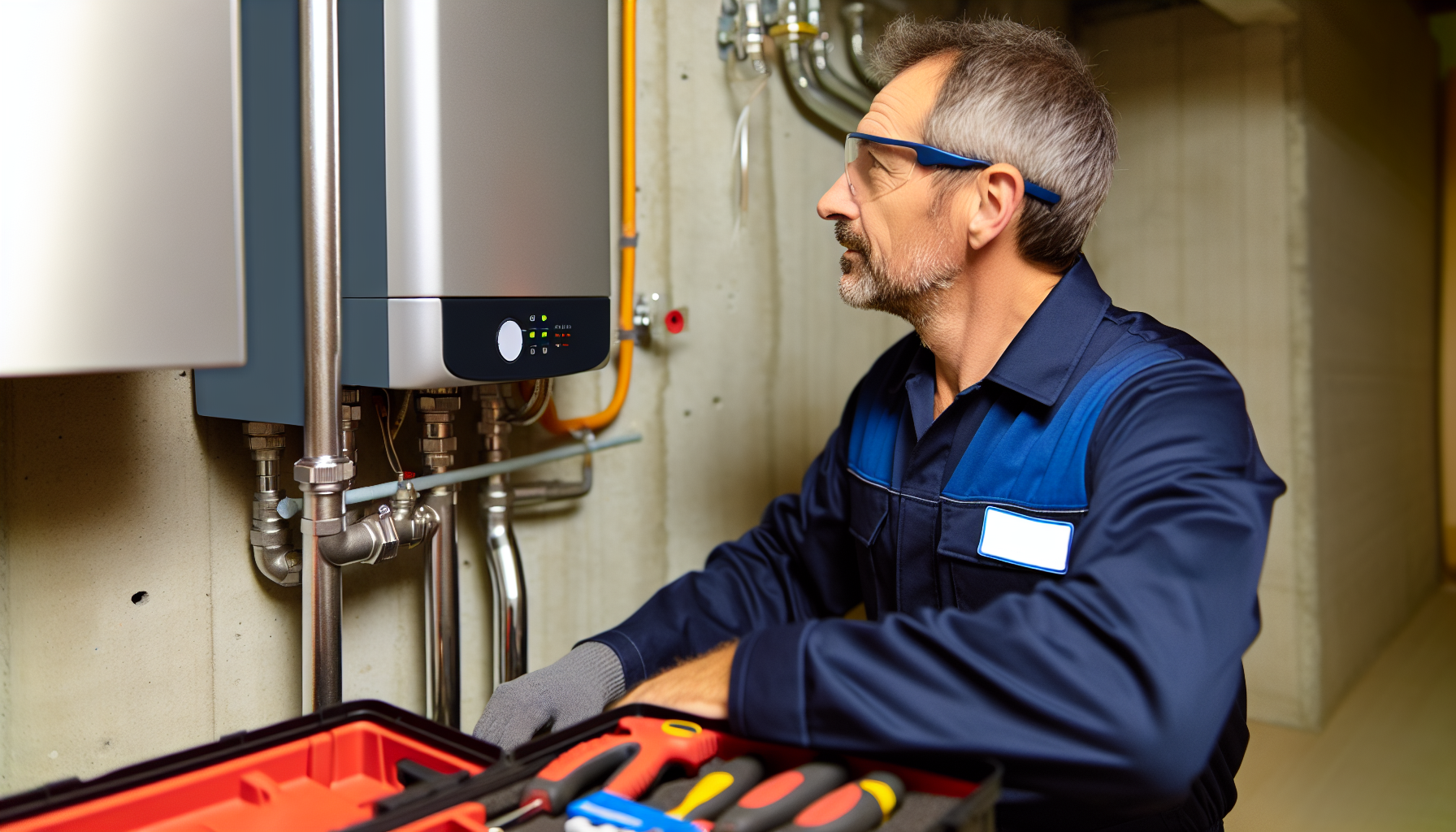 Professional plumber inspecting hot water system installation