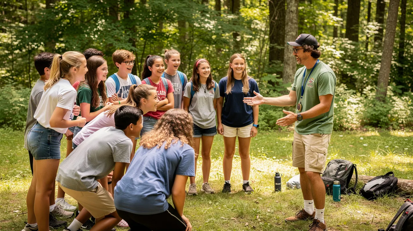 A diverse group of teenagers is engaged in an outdoor activity with a counselor, surrounded by lush trees, promoting positive behaviors and teamwork. This setting provides an opportunity for youth to develop problem-solving skills and address potential mental health conditions, such as oppositional defiant disorder and other behavioral problems.
