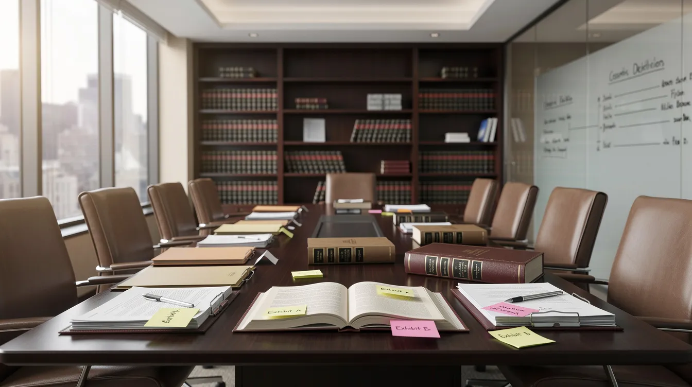 The image depicts the interior of a professional law office, featuring a conference table cluttered with case files and legal documents, indicative of a team preparing to handle truck accident cases. The organized setting suggests a focus on providing skilled legal representation for truck accident victims in Pearland, TX.