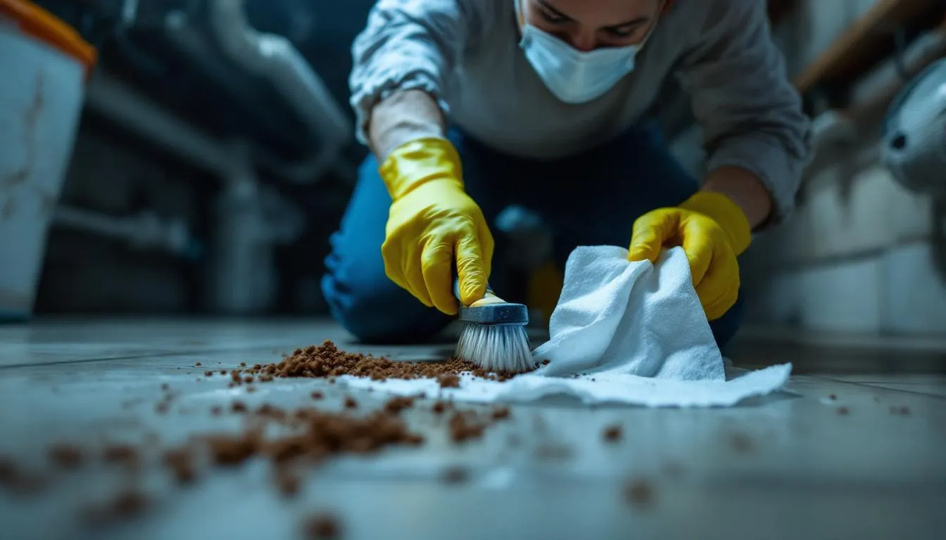 A person wearing rubber gloves while handling rat droppings, emphasizing the risks involved.