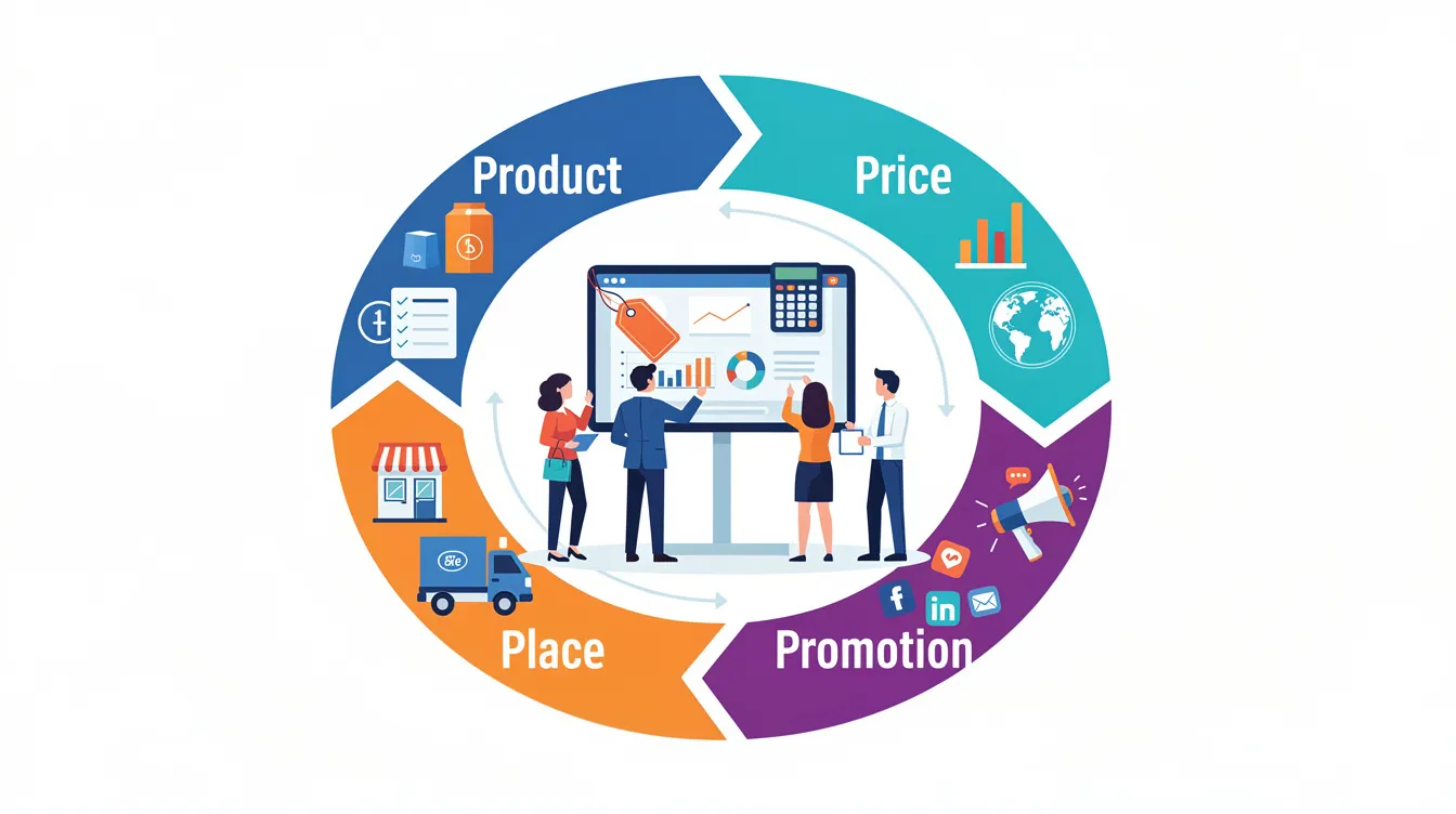 The image illustrates the Four Ps of marketing—Product, Price, Place, and Promotion—highlighting their importance in developing a successful marketing strategy that meets customer needs. It emphasizes the role of effective leaders in utilizing these elements to enhance brand identity and drive business performance.