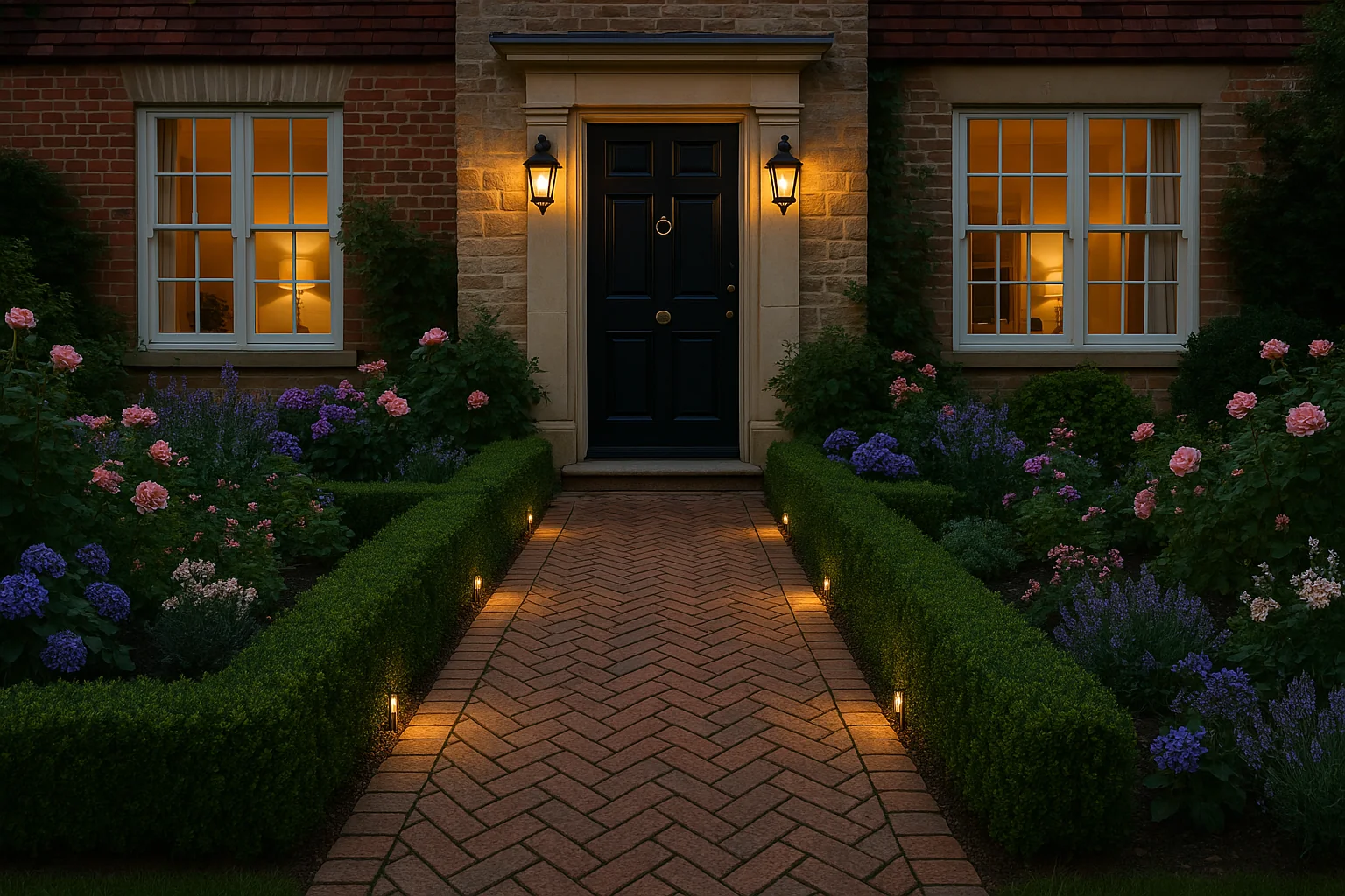 Herringbone brick pathway leading to a traditional UK home, framed by flowerbeds, hedging, and embedded path lights for added curb appeal.