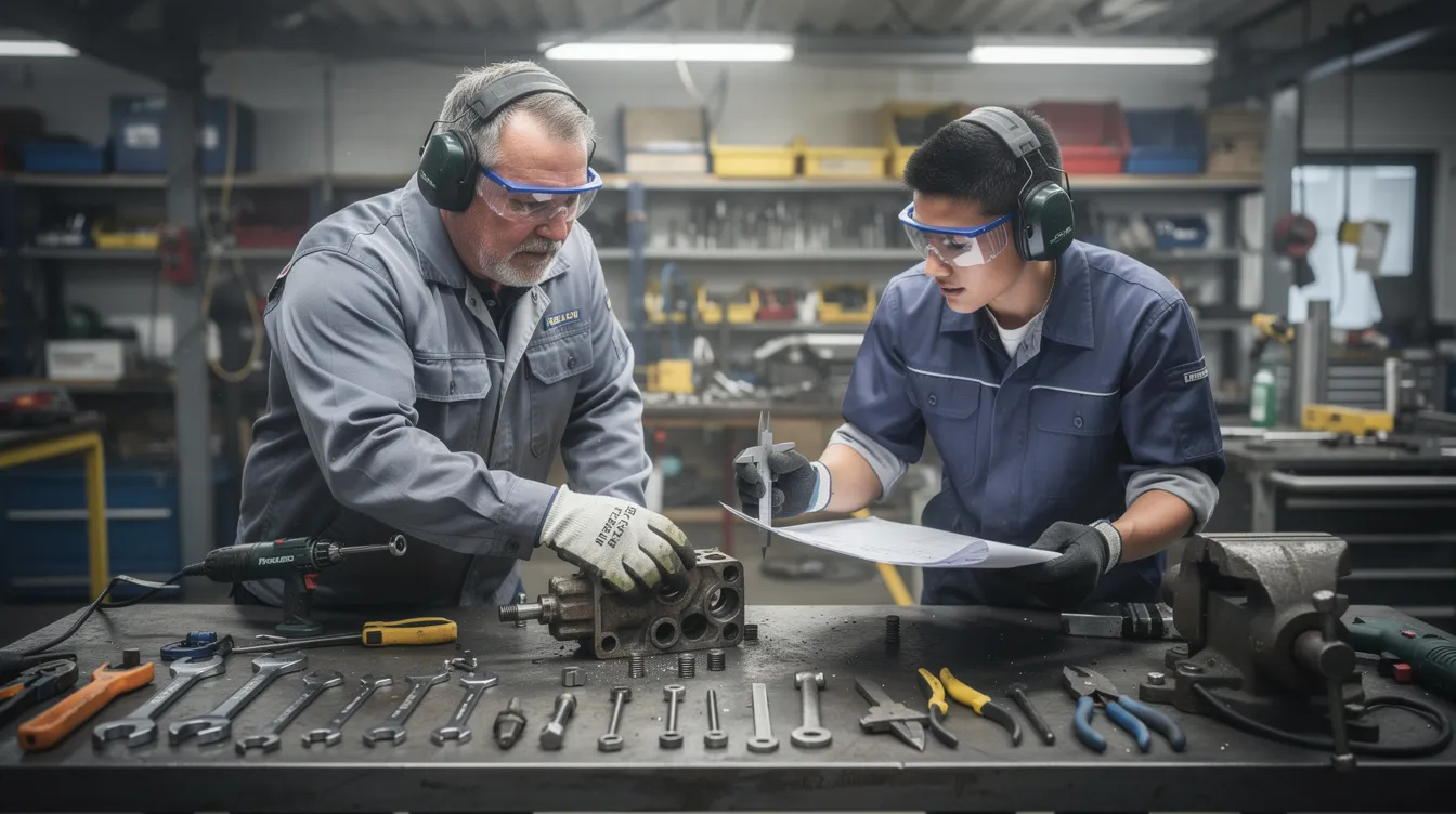Mentor and apprentice collaborate at industrial workstation