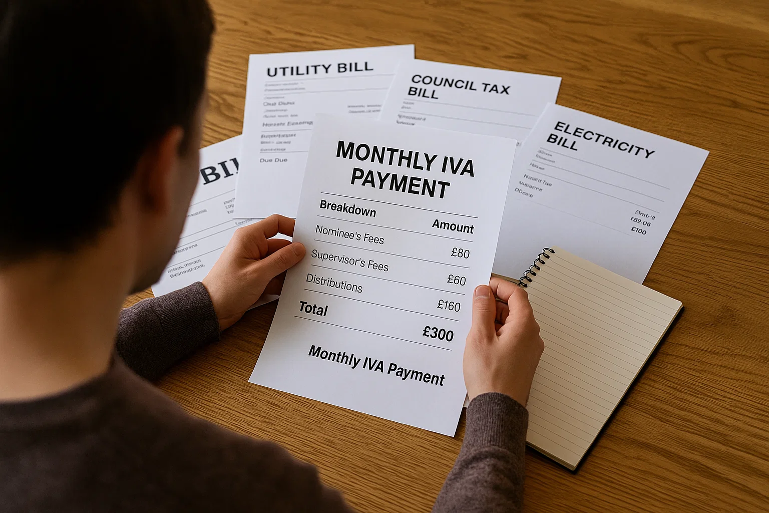 UK bills and IVA payment plan on a kitchen table with calculator.