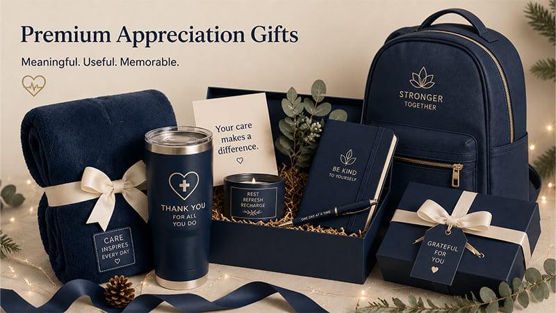 premium nurse appreciation Christmas gift box for hospital staff with backpack tumbler and wellness corporate gifts