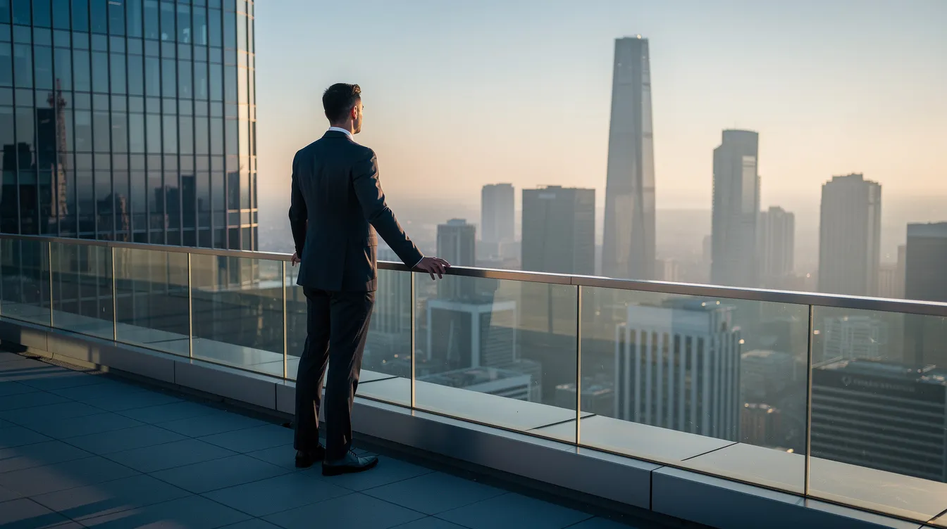 Un dirigeant, debout au sommet d'un immeuble moderne, regarde vers l'horizon avec une vision claire de l'avenir, tandis qu'une ville animée s'étend en arrière-plan sous la lumière douce du matin. Cette scène symbolise le leadership et l'ambition d'un leader qui guide son équipe vers des objectifs communs.