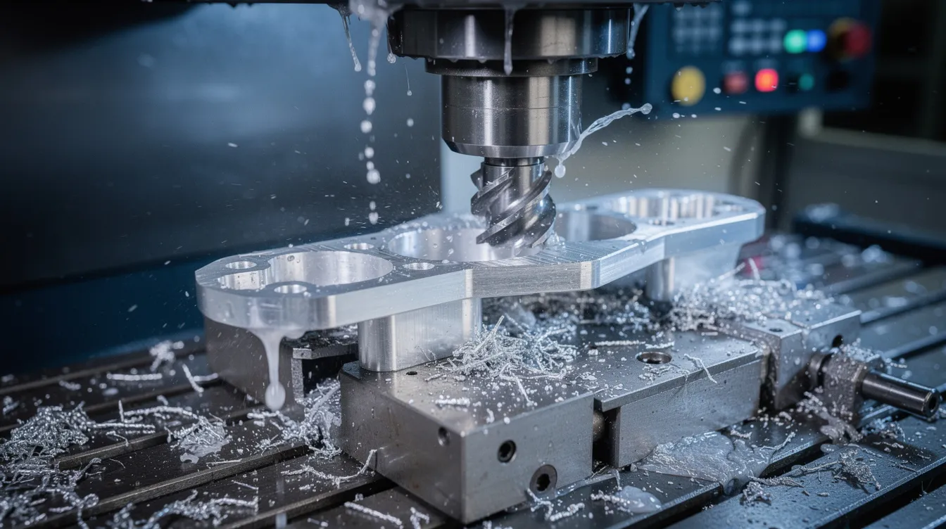 The image depicts a CNC milling machine actively cutting an aluminum aerospace bracket, with a stream of coolant flowing over the workpiece to maintain temperature and reduce tool wear. This precision machining process highlights the capabilities of CNC machining services to produce high-quality, custom components that meet tight tolerances.