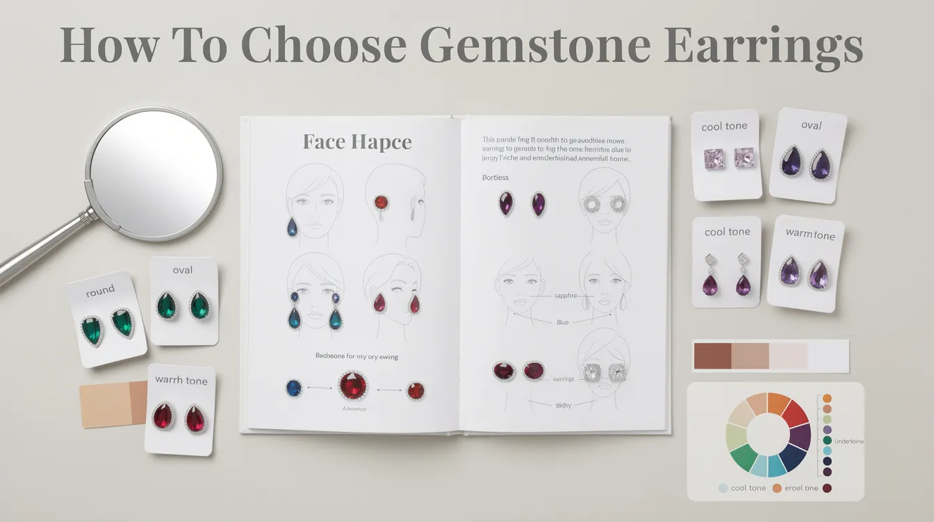 The image illustrates a selection of handcrafted gemstone earrings, featuring a variety of styles such as stud earrings and hoops, made from materials like sterling silver and adorned with semi-precious stones like lapis lazuli, amethyst, and turquoise. The collection showcases an array of colors, including purple, blue, green, and red, perfect for elevating any outfit for various occasions.