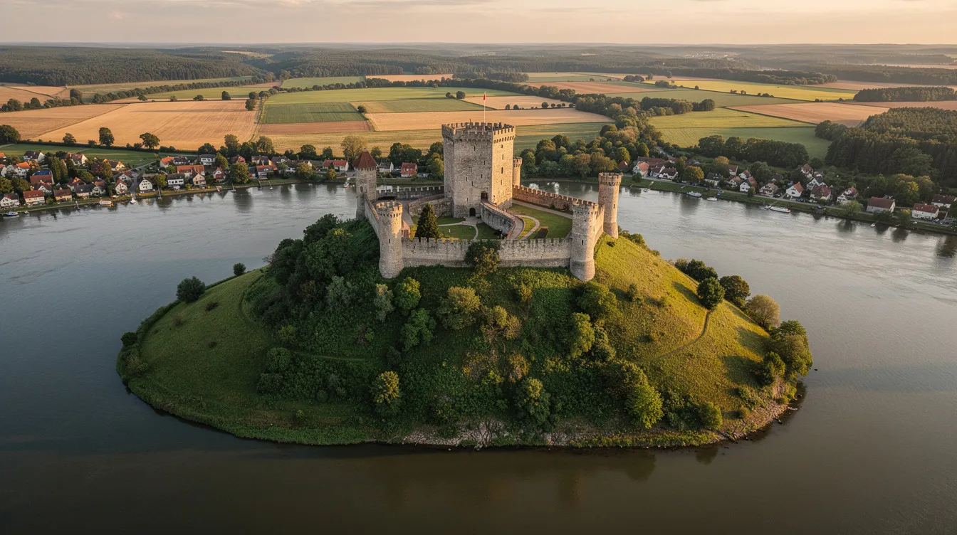 Imagem aérea de uma colina com um imponente castelo medieval, localizado às margens do rio Vístula na Polônia. A cena captura a beleza histórica da cidade de Cracóvia, com destaque para o castelo de Wawel, que remete à rica história judaica e aos pontos turísticos da região.
