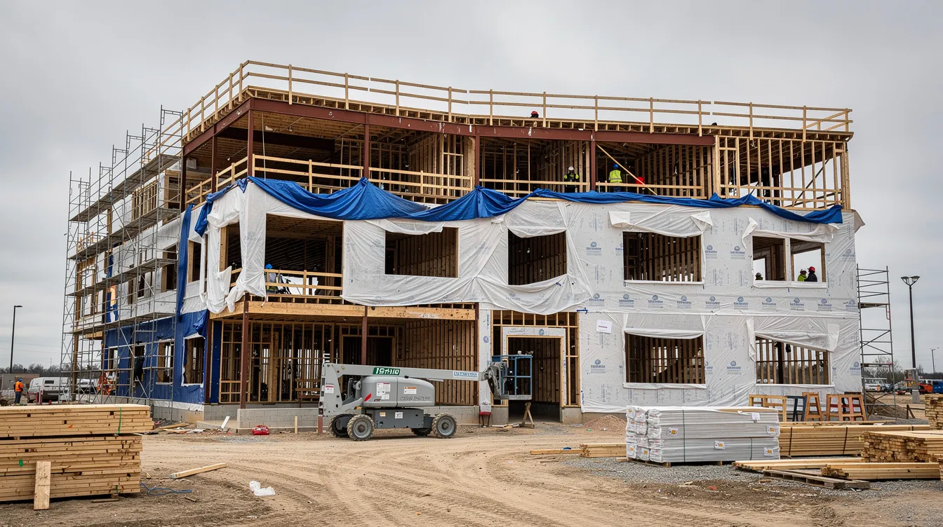 The image depicts a partially constructed building featuring exposed framing and temporary weather protection, highlighting the ongoing construction project. This scene reflects the complexities of the construction industry, where property owners may need to consider construction insurance to protect against potential construction defects and property damage.