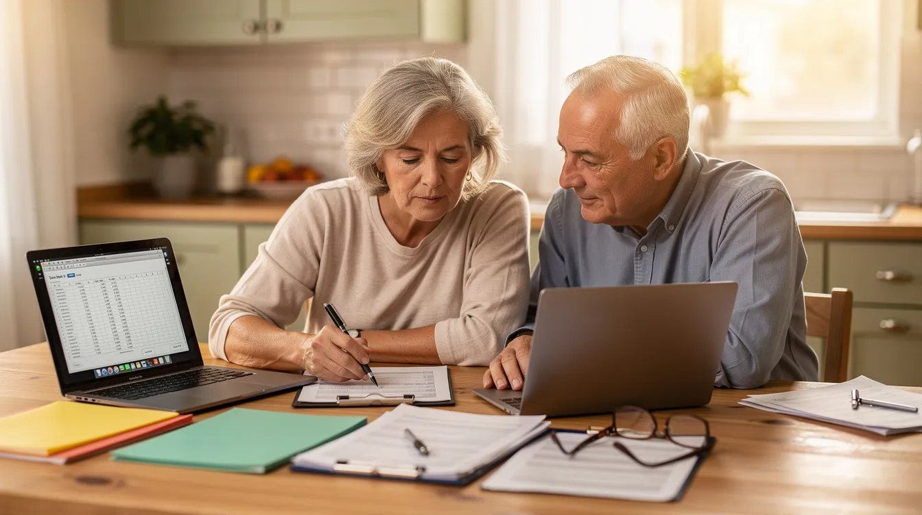 A retired couple sits together at a kitchen table, reviewing various financial documents, including an annuity contract, as they plan for their retirement income. They discuss options such as fixed annuities and variable annuities to ensure a dependable income stream and understand the tax implications of their financial decisions.