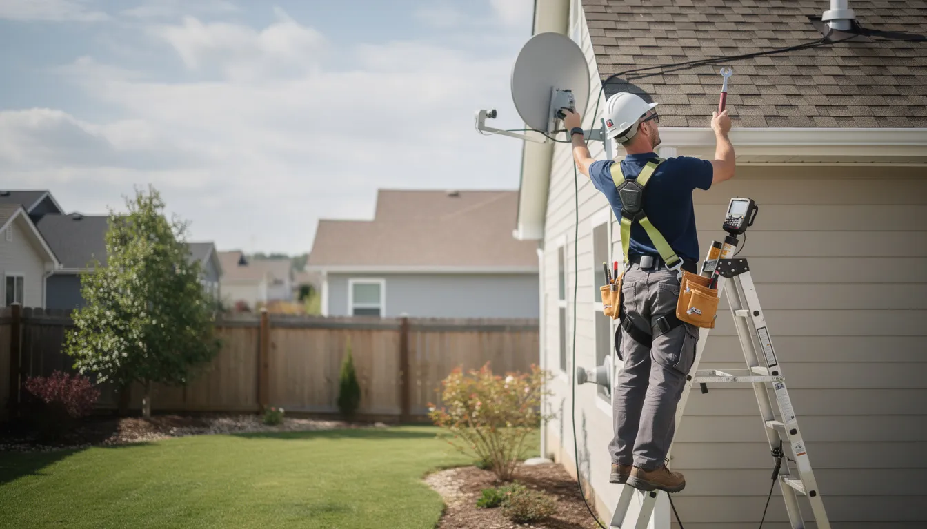 A technician is seen adjusting the alignment of a satellite dish on a residential property, ensuring a stable signal for the DSTV system. This professional installation service aims to enhance the entertainment experience by providing reliable access to multiple channels.