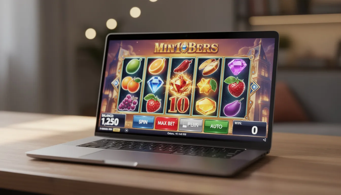 En laptop står på ett skrivbord och visar färgglada grafik från en slotmaskin, vilket ger en känsla av spänning och underhållning som ofta finns på utländska casinon. Skärmen är fylld med symboler och animationer som lockar spelare att utforska de bästa utländska casinon.