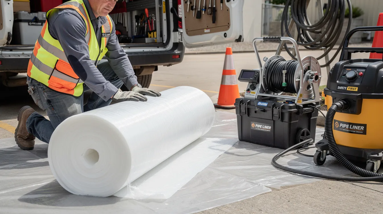 The image shows clean sewer liner material being prepared next to various plumbing equipment, highlighting the process of trenchless sewer line repair. This setup is essential for effective sewer line replacement or repair without the need for extensive digging, minimizing disruption to the surrounding area.