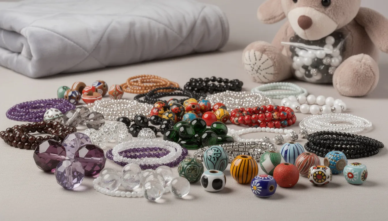 The image showcases a vibrant collection of various beads, including hand-painted glass beads in unique shapes and bold colors like deep brown, rich purple, bright red, lush green, classic white, and subtle grey or black. These beautiful beads, along with crystal and metal options, offer a diverse range of textures and styles, perfect for jewellery making and creative projects.