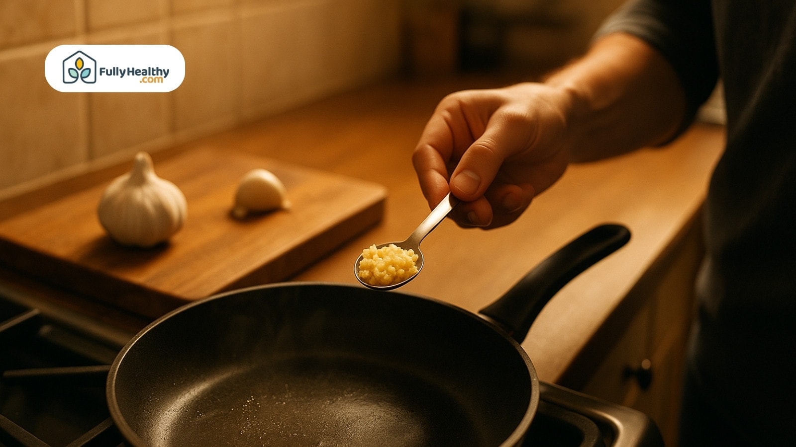 Spoonful of minced garlic held above pan on kitchen stove