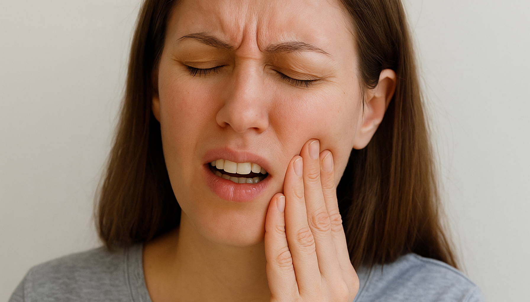 Kvinne med smertefullt uttrykk holder hånden mot kinnet, noe som antyder tannverk etter en nylig tannbehandling.