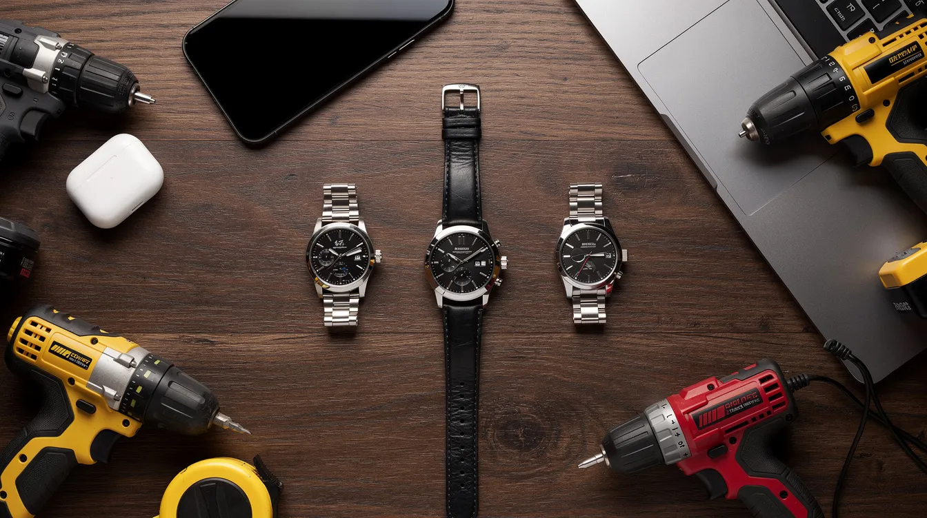 The image showcases a neatly arranged collection of luxury watches, electronics, and power tools on a wooden surface, highlighting valuable items that could be found in a pawn shop. This assortment reflects a broad range of merchandise that may appeal to private buyers or those seeking quick cash through pawnshop loans.