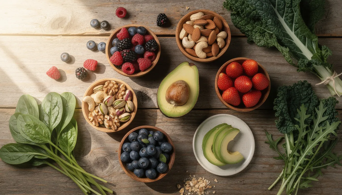 The image features a colorful arrangement of healthy foods, including avocados, nuts, berries, and leafy greens, beautifully displayed on a wooden table. These nutrient-rich options support metabolic health and well-being, making them ideal for an active lifestyle and promoting healthy aging.