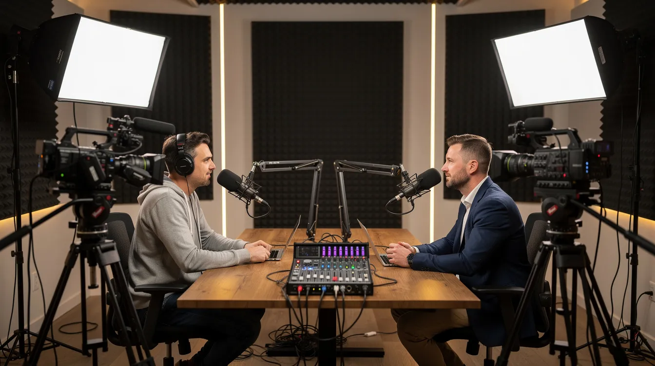 The image depicts a professional podcast studio featuring multiple cameras on tripods and softbox lights, with two individuals seated across from each other at a table equipped with broadcast microphones, ready for a video podcast recording. This setup highlights the essential elements of podcast production services, emphasizing the collaborative nature of creating engaging podcast episodes. The image depicts a professional podcast studio featuring multiple cameras on tripods and softbox lights, with two individuals seated across from each other at a table equipped with broadcast microphones, ready for a video podcast recording. This setup highlights the essential elements of podcast production services, emphasizing the collaborative nature of creating engaging podcast episodes.