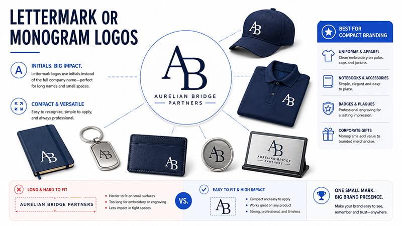 Lettermark and monogram logo example for caps, polo shirts, notebooks, badges and corporate gifts