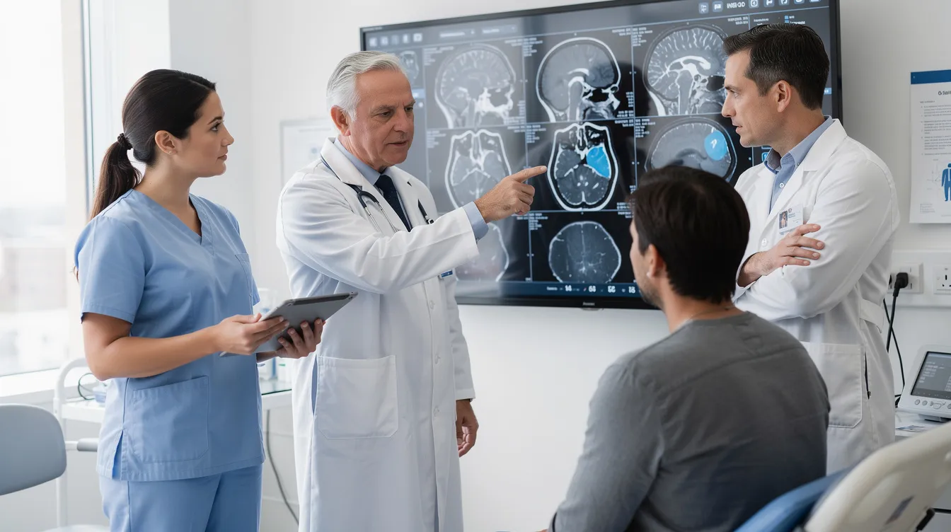 The image depicts a group of medical professionals discussing scans with a patient, highlighting the importance of medical treatment for spinal cord injuries. This collaborative approach is crucial for understanding the severity of the injury and planning for physical therapy and recovery.