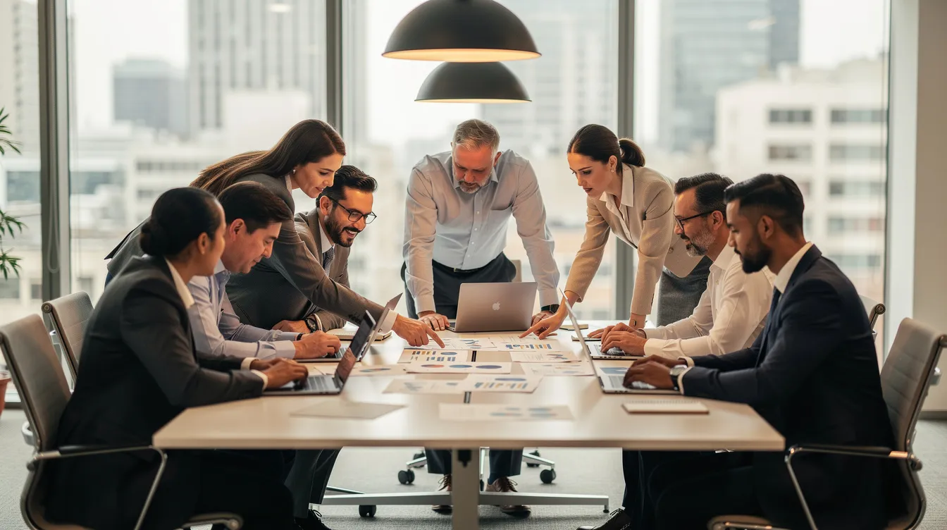 Des professionnels collaborent autour d'une grande table de réunion, entourés de documents et d'ordinateurs portables, discutant des stratégies pour le développement de leur entreprise. Cette image illustre l'importance du coaching professionnel pour les chefs d'entreprise, favorisant la prise de décision et la cohésion au sein de l'équipe.