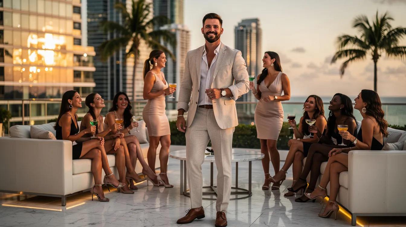 The image features a high value man surrounded by a group of women in Miami, showcasing a vibrant social scene. The man exudes confidence and self-assurance, engaging in a lively conversation that reflects his emotional intelligence and respect for those around him.