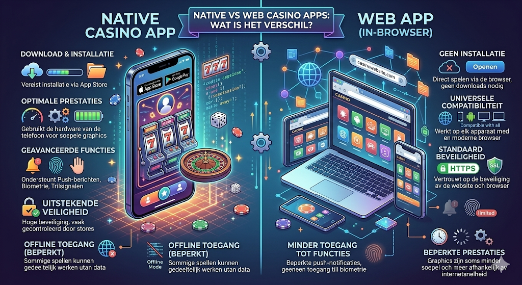 Infographic over native casino apps vs web apps met uitleg over het verschil tussen een casino app downloaden via app store of google play store en een web app voor mobiel casino spelen in de browser, inclusief voordelen van casino apps en mobiele online kansspelen.