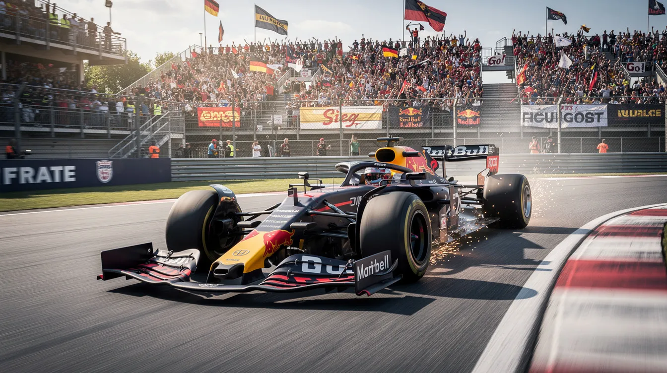 Ein Formel-1-Rennwagen fährt mit hoher Geschwindigkeit über eine Rennstrecke, während zahlreiche Zuschauer am Rand stehen und das spannende Rennen verfolgen. Die Atmosphäre ist elektrisierend, und die Fahrzeuge repräsentieren die besten Teams der Formel 1, darunter Red Bull Racing und Aston Martin.