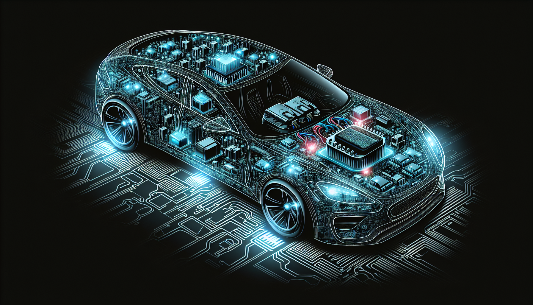 Illustration of a modern vehicle with various electronic systems controlled by automotive microcontrollers