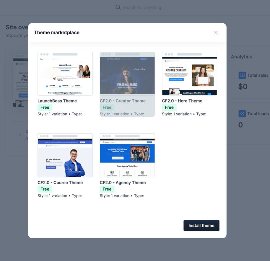 The ClickFunnel Theme marketplace is a bit sparse by comparison.