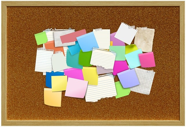 bulletin board, stickies, post-it