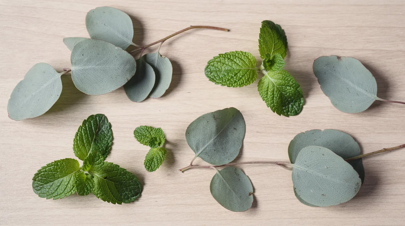 The image features an arrangement of vibrant eucalyptus leaves and fresh mint sprigs on a light wooden surface, creating a natural and soothing aesthetic that evokes a sense of calm and well-being. These aromatic plants are often associated with products that help alleviate discomfort, such as muscle balm and tinctures, promoting a better mood and relief from chronic pain.