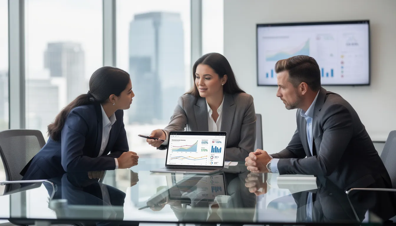 A professional business team is gathered in a modern office, reviewing website analytics on a laptop to enhance their marketing strategies and ensure strong alignment between sales and marketing teams. They are focused on analyzing data to improve lead generation and conversion rates, ultimately driving business growth and better understanding the buyer journey. - How to Align Your Website with Your Sales Process