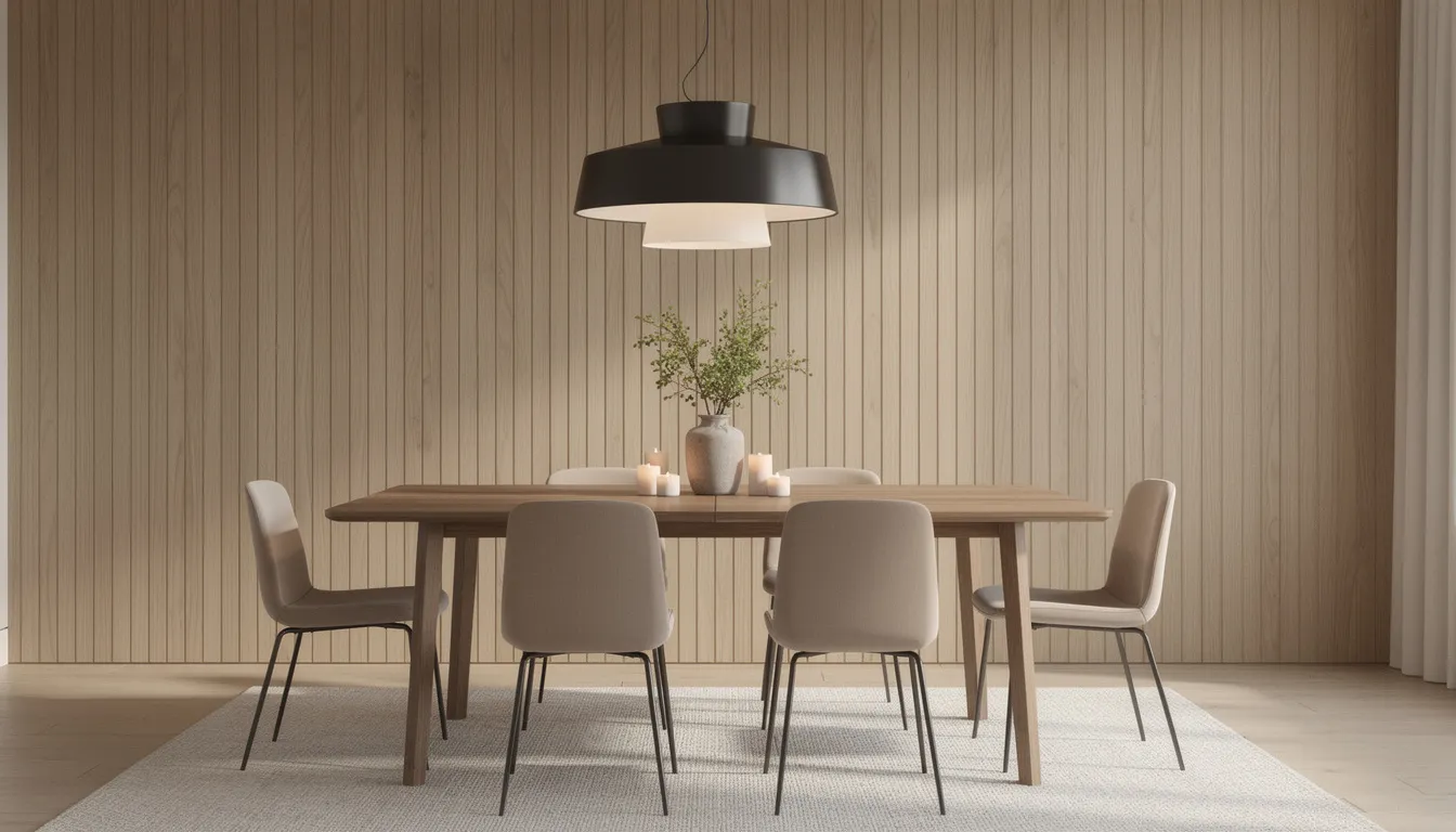 Een stijlvolle eetkamer met houten wandpanelen en een grote houten eettafel, omringd door designstoelen, onder een moderne hanglamp die een unieke sfeer creëert. De warme uitstraling van de wandbekleding en de luxe uitstraling van het interieur dragen bij aan de gezellige ambiance van de ruimte.