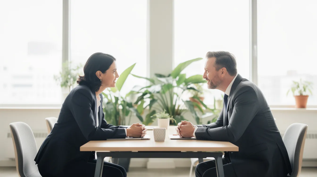 L'image montre un coach et un dirigeant en pleine conversation dans un bureau lumineux, entourés de plantes vertes, créant une atmosphère professionnelle et bienveillante. Cette scène évoque des thèmes de confiance en soi au travail et de développement personnel, favorisant des échanges constructifs sur l'estime de soi et les compétences.