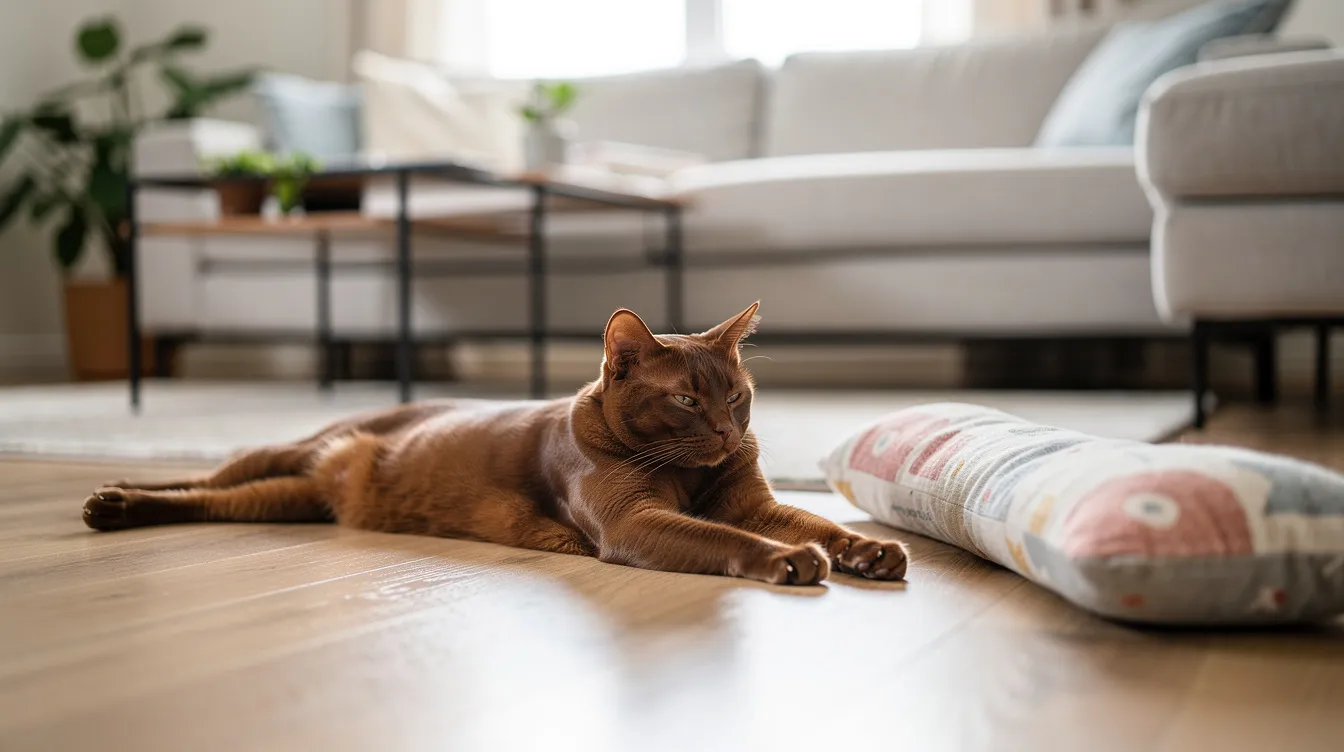 A relaxed indoor cat stretches comfortably across a modern living room floor, next to a soft kicker toy that adds a playful touch to the space. This scene captures the joy of having a furry friend at home, perfect for cat lovers looking for gift ideas for their beloved pets.