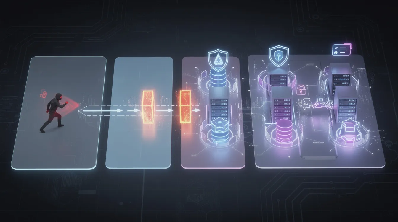 The image depicts a horizontal cybersecurity illustration featuring segmented network zones that effectively block an attacker’s lateral movement. Security barriers are prominently displayed, preventing access to critical systems, while alerts notify security teams of unusual network traffic against a dark, futuristic cyber grid background illuminated with blue and purple lighting.
