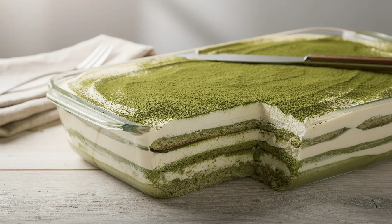 Das Bild zeigt ein angeschnittenes Matcha-Tiramisu in einer Glasauflaufform, wo die grünen und weißen Cremeschichten deutlich sichtbar sind. Die Kombination aus Matcha-Pulver und Mascarpone verleiht diesem klassischen Dessert eine besondere Note.