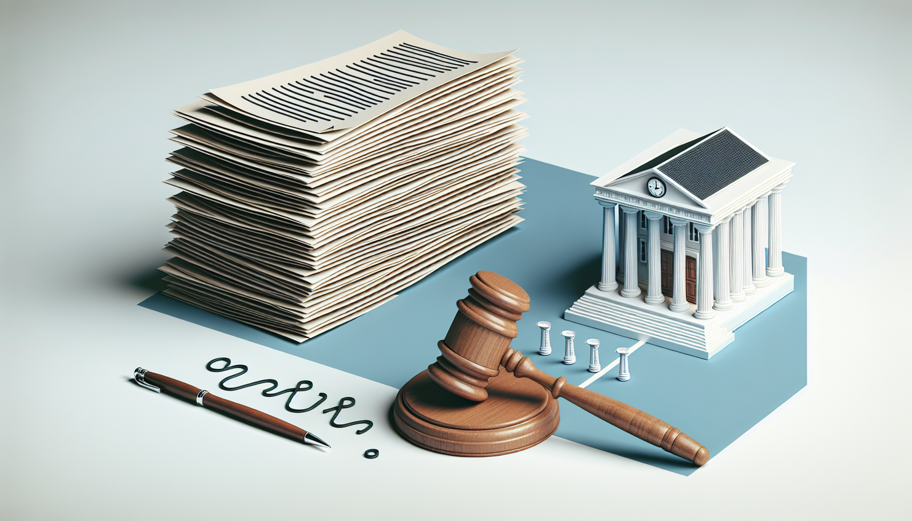 Illustration of legal documents and a gavel, representing key steps in the divorce process