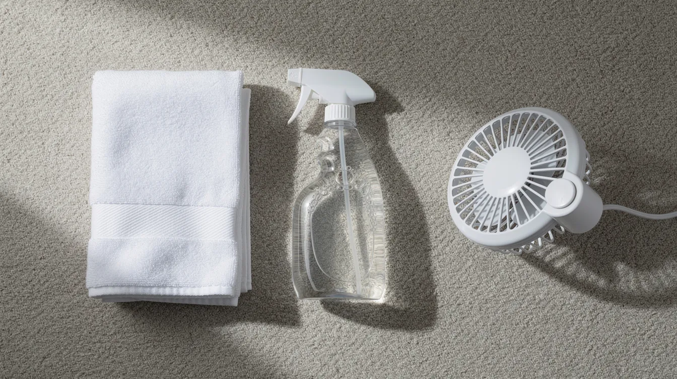 An array of cleaning supplies is neatly arranged on a carpet surface, featuring a spray bottle, white towels, and a small fan, ready for a deep clean to prepare for guests arriving. The scene emphasizes the importance of clean carpets and the hassle-free process of maintaining them.