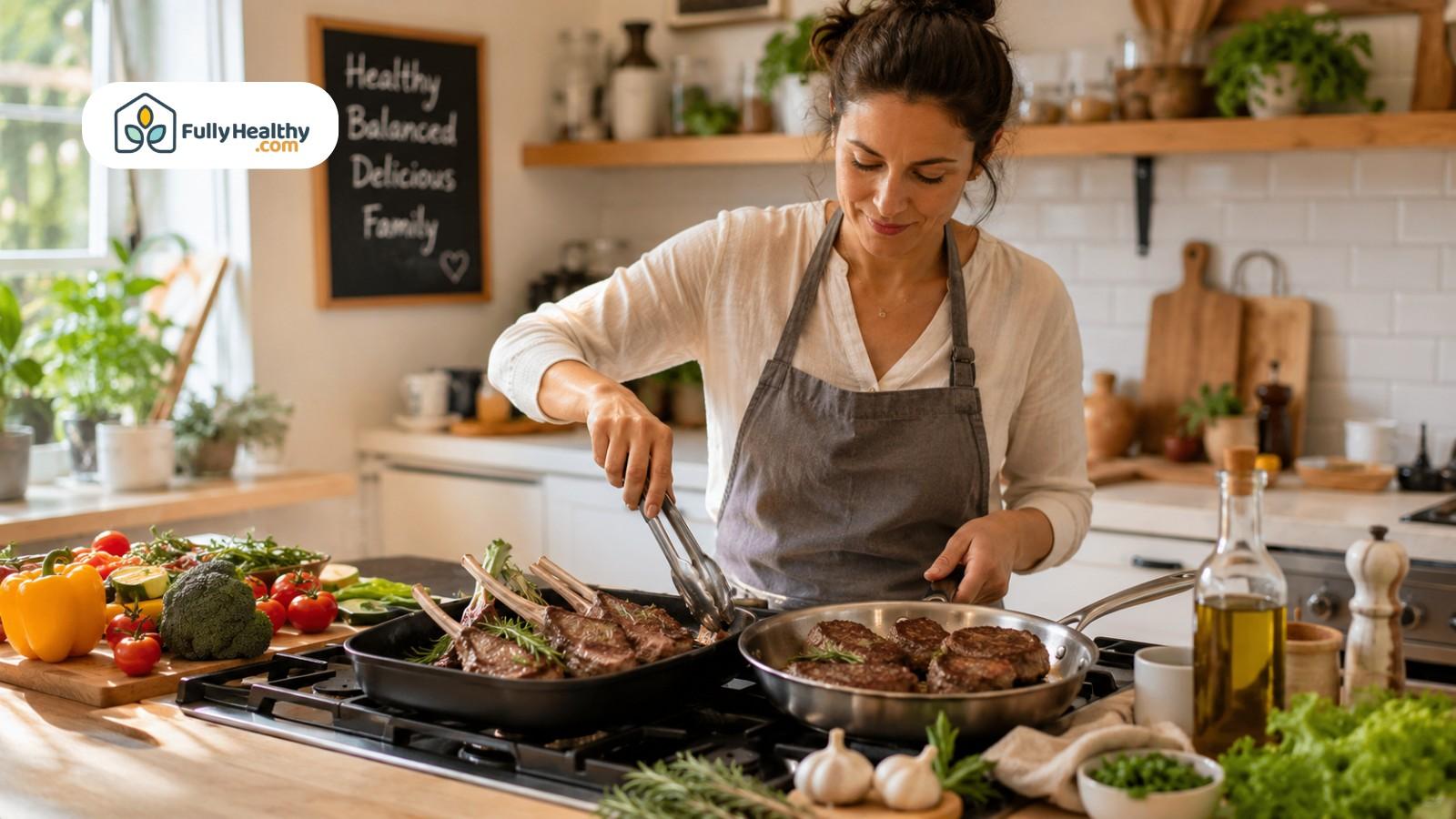 Woman cooking lamb chops and beef steaks in bright healthy home kitchen