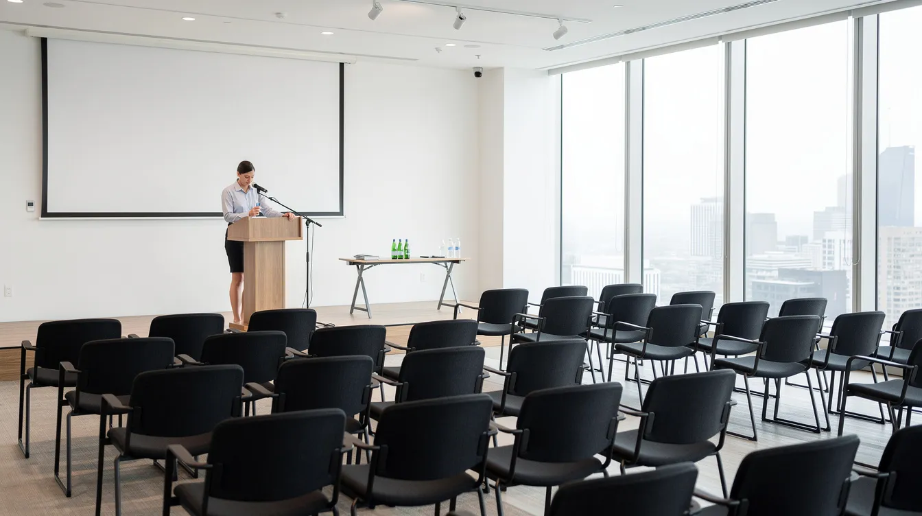 The image depicts a conference room set up for an event, featuring rows of chairs and a podium, with natural light streaming in through large windows. This setting is ideal for a professional speaker to engage with a specific audience during a presentation or keynote session.
