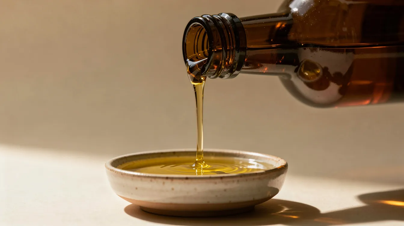 In der Abbildung wird goldenes Hanfsamenöl aus einer dunklen Glasflasche in eine kleine Schale gegossen. Dieses Öl, das aus den Samen der Hanfpflanze gewonnen wird, ist reich an essentiellen Fettsäuren und bietet zahlreiche gesundheitliche Vorteile.