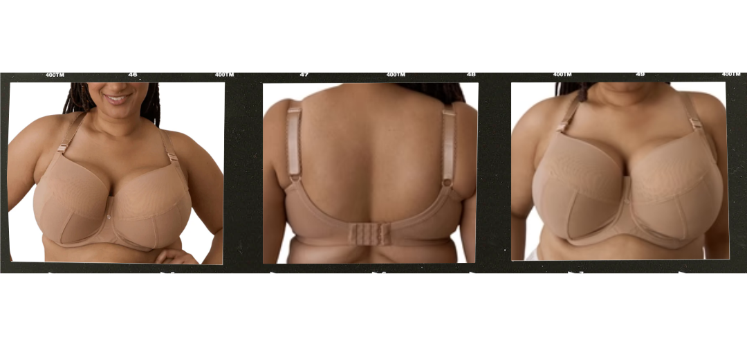 Ewa Michalak FB Semi-Sheer "Nibynic" Polish Bra shown in front, back, and fit views highlighting full-bust support and construction