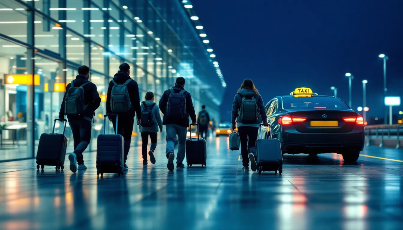 Passengers carrying luggage are seen approaching a line of taxis at Amsterdam Airport Schiphol during the evening hours, ready to take a ride to the city centre. The scene captures the bustling atmosphere of travelers preparing for their trips, highlighting the convenient taxi services available for reaching various destinations in Amsterdam and beyond.
