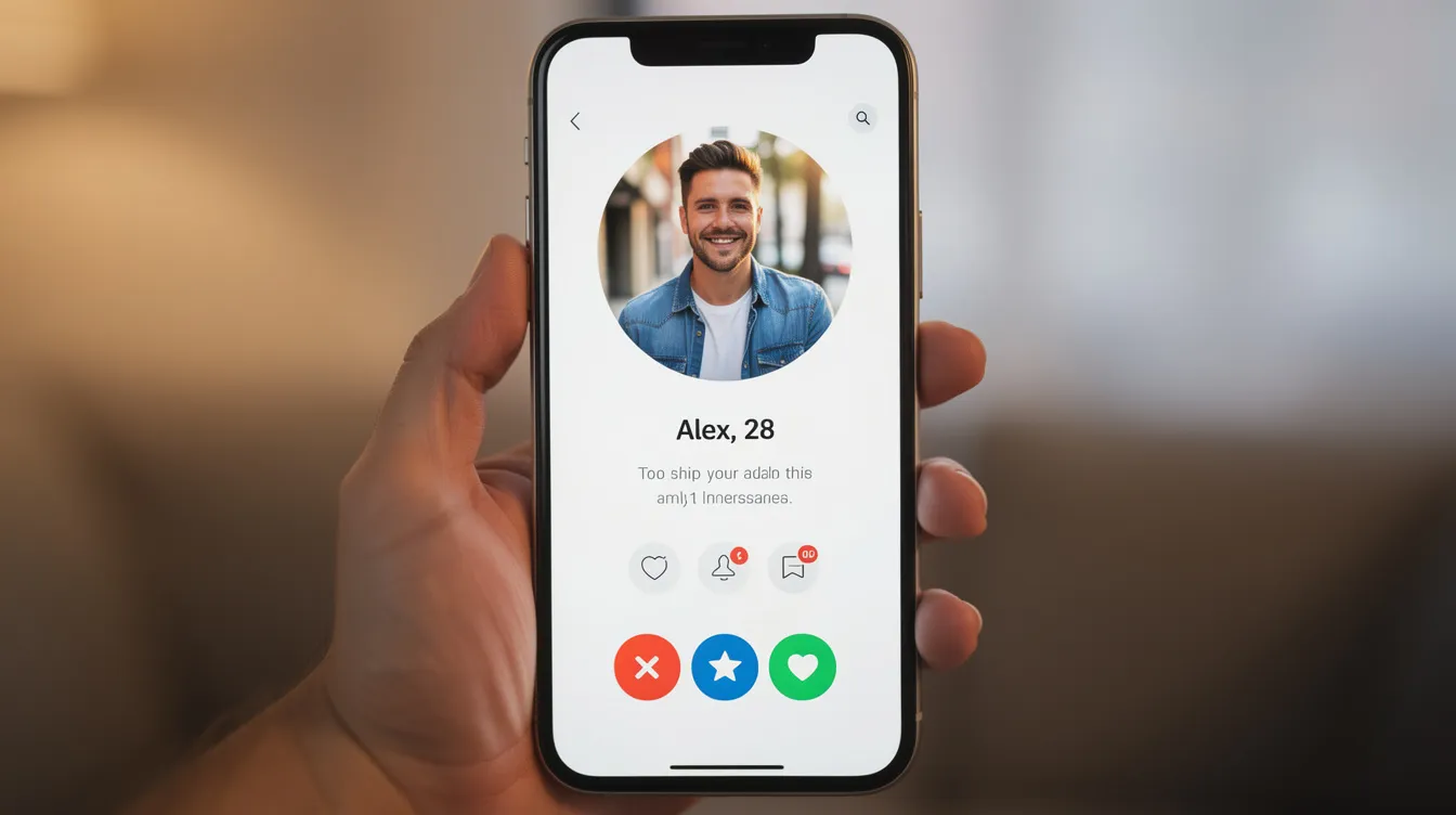 The image shows a smartphone screen displaying a dating app profile interface, featuring detailed profiles of potential matches, including photos and personal information. This popular dating app aims to connect users within the same age range for serious relationships and casual dating, enhancing the online dating experience with its matching algorithm and safety features.