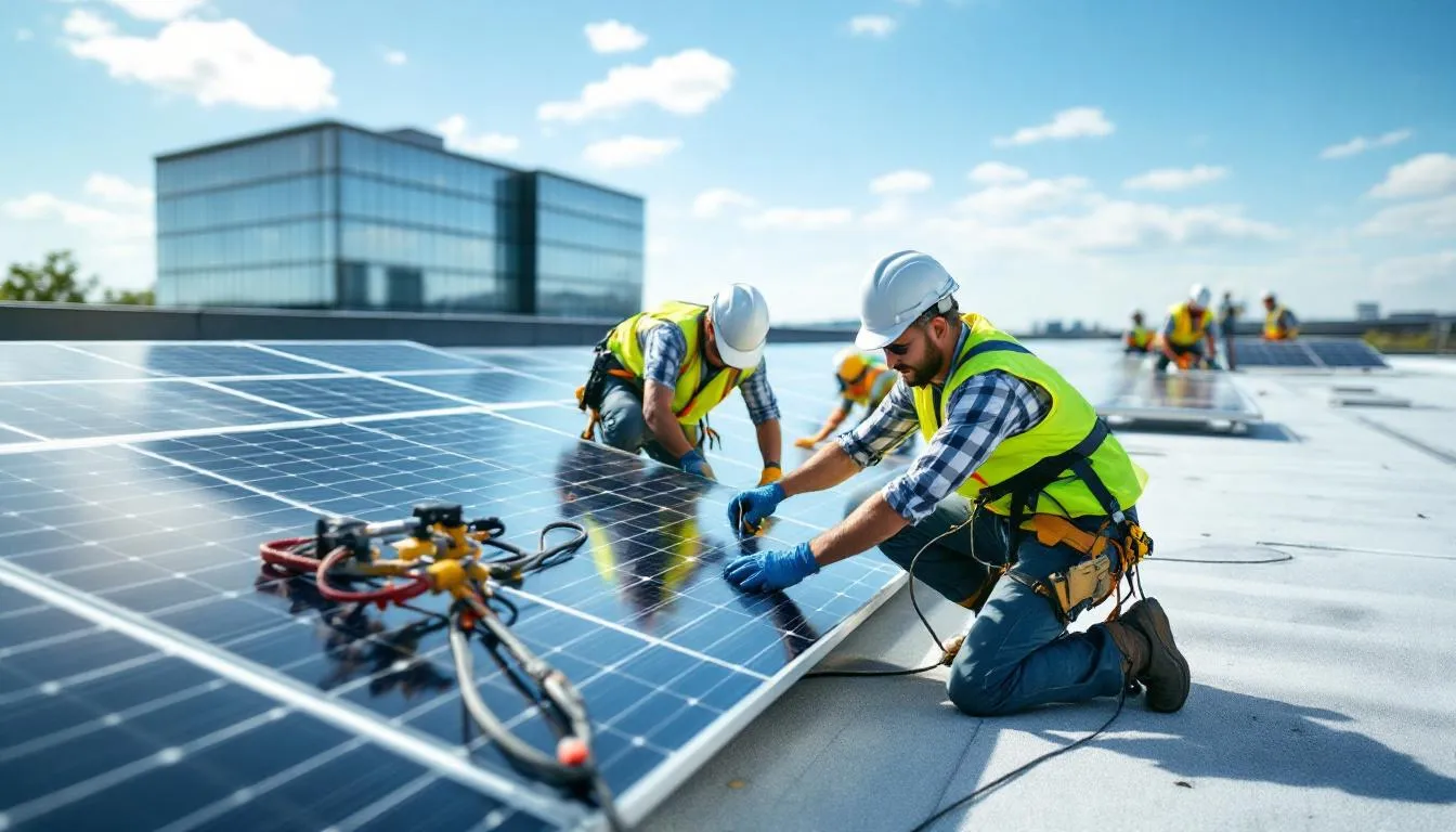 Une équipe de techniciens certifiés installe des panneaux solaires sur le toit d'un bâtiment commercial, utilisant un équipement professionnel pour optimiser la production d'énergie renouvelable. Cette installation illustre le potentiel de l'énergie solaire dans le développement durable au Québec.